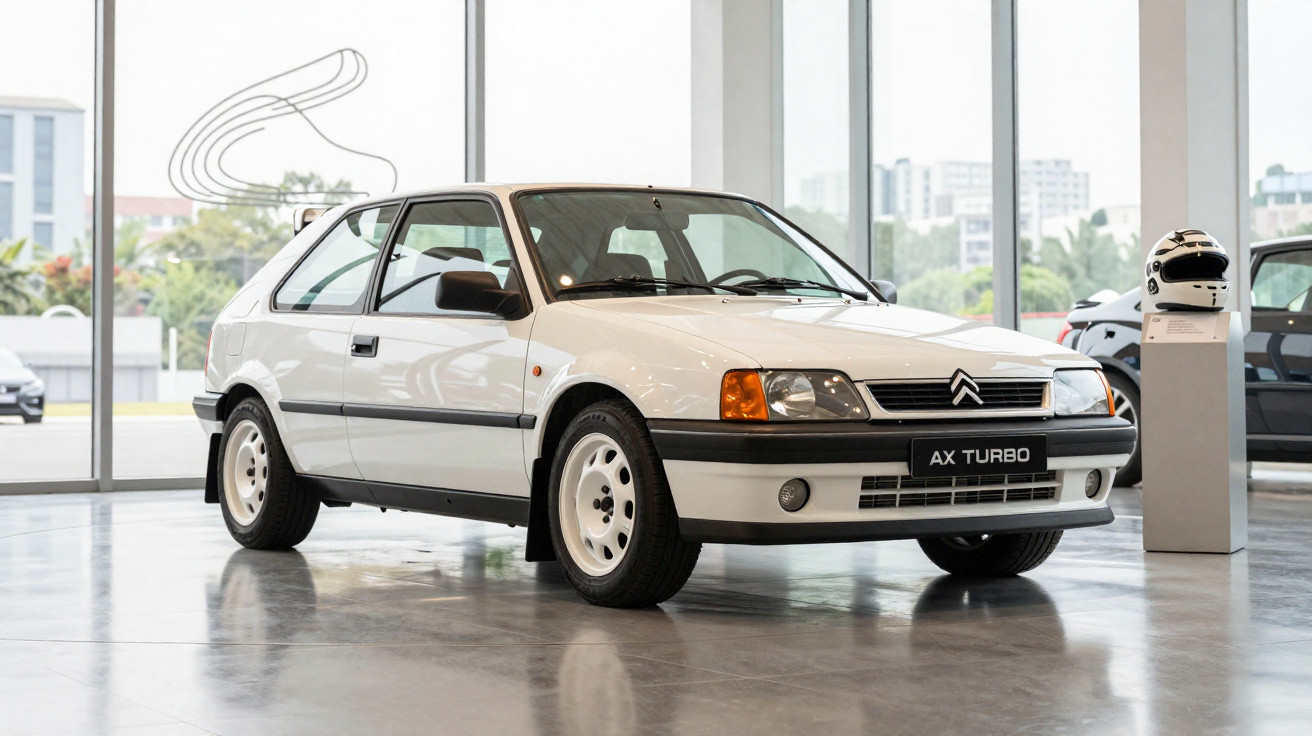 Carro Citroën AX Turbo branco em exposição num espaço moderno com janelas amplas.