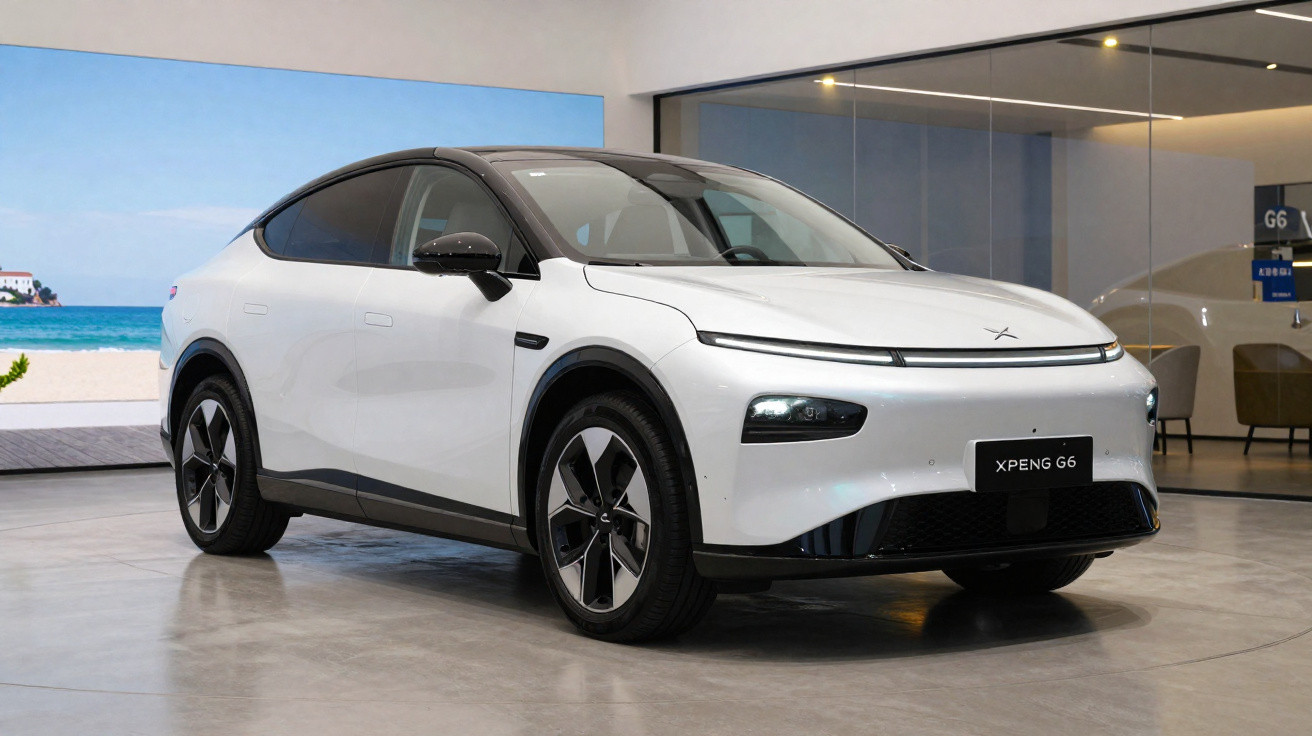 Carro elétrico branco XPeng G6 apresentado num showroom moderno com chão de cimento polido.