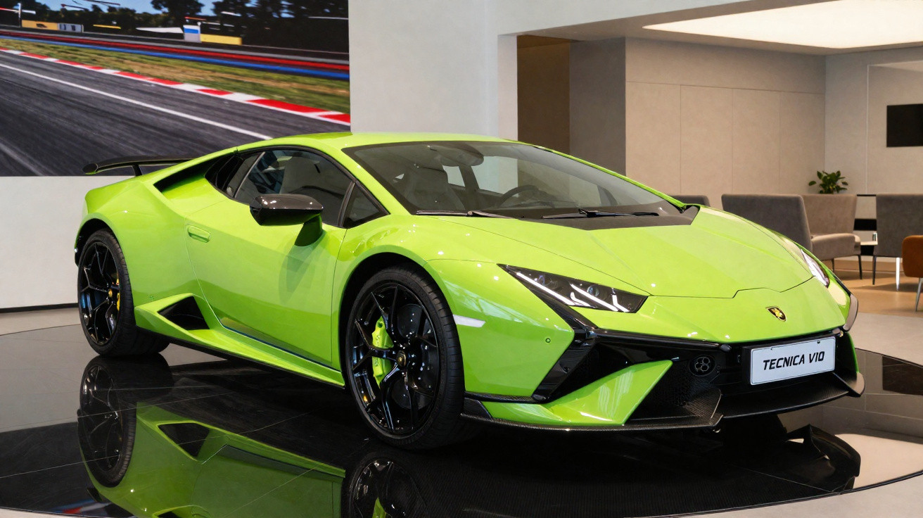 Carro desportivo Lamborghini verde vibrante estacionado em salão moderno com piso preto refletor.