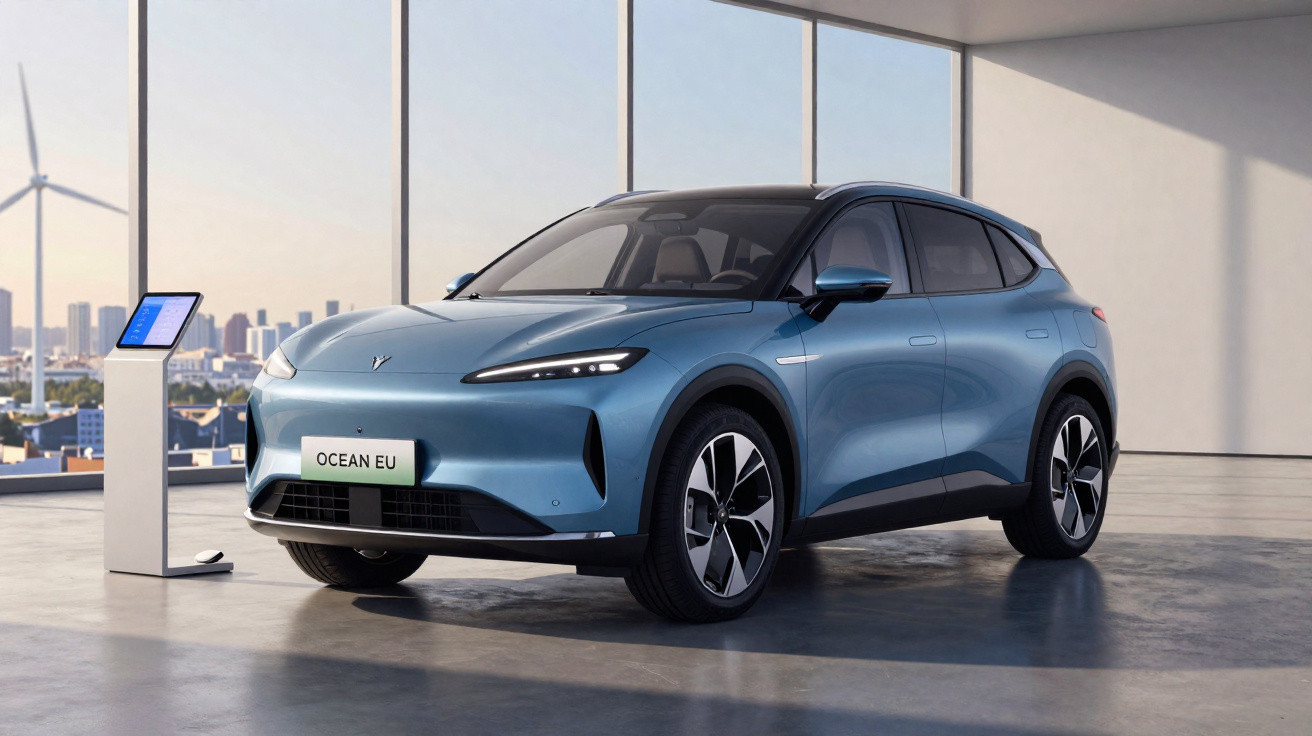 Carro elétrico azul estacionado dentro de um showroom moderno com cidade e turbinas eólicas ao fundo.