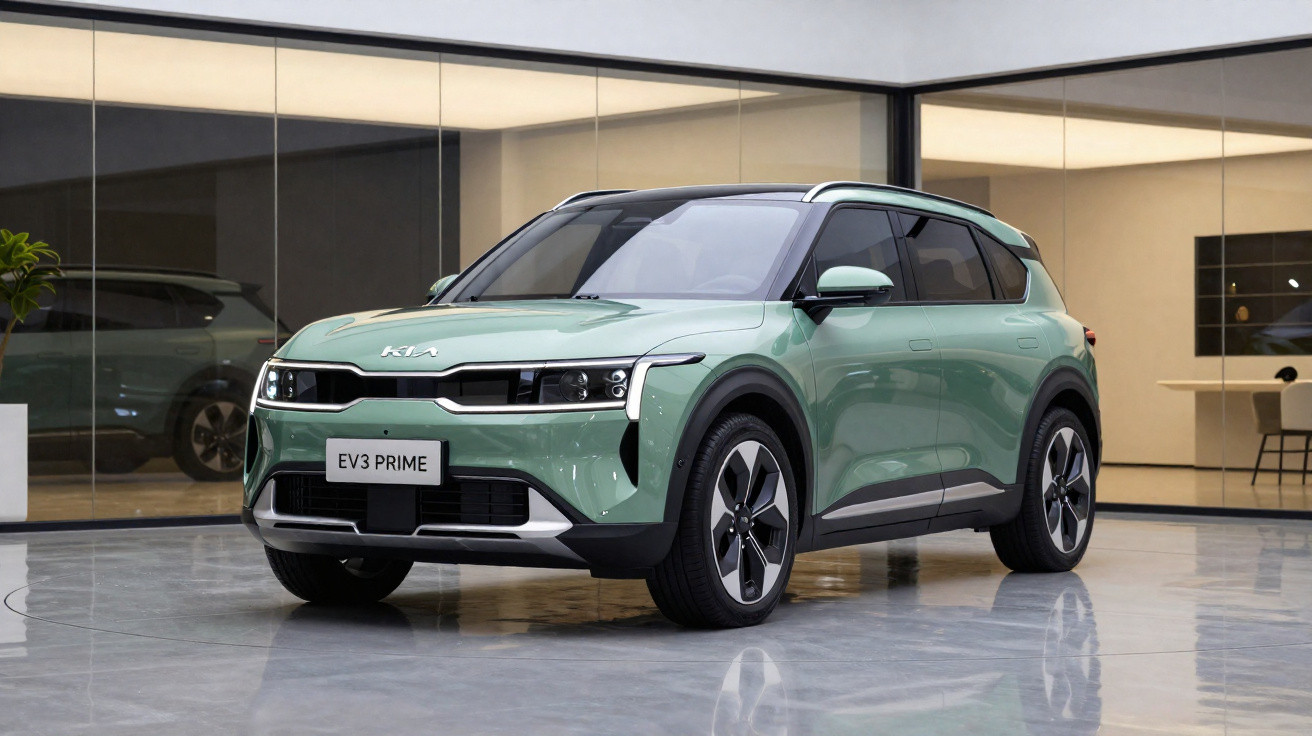 Carro elétrico Kia EV3 Prime verde estacionado em piso brilhante num espaço moderno e iluminado.