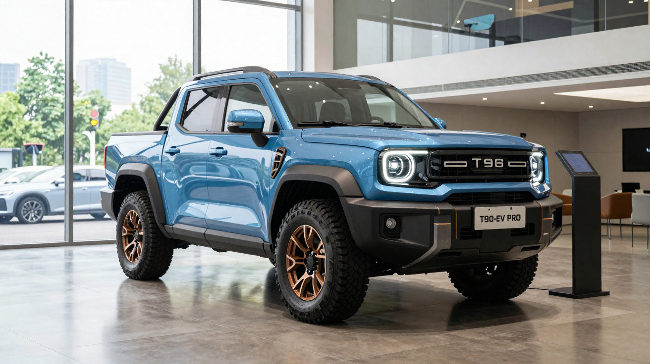 Pick-up elétrica azul T90-EV PRO em exposição numa sala moderna com piso brilhante.