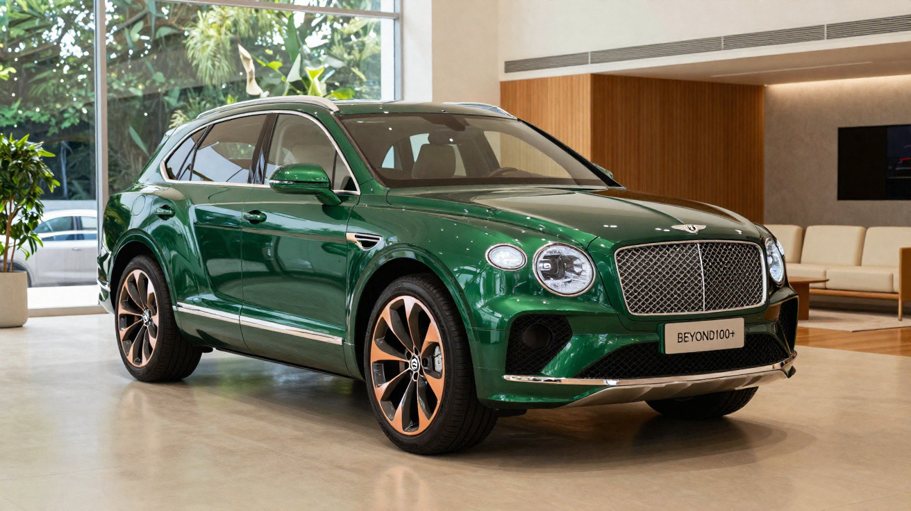 Carro SUV Bentley verde com detalhes em bronze exposto em sala moderna e luminosa.