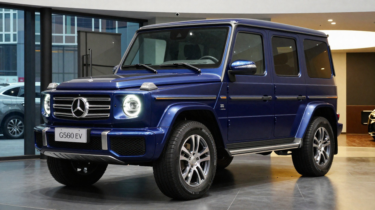 Carro SUV Mercedes-Benz G560 EV azul estacionado em showroom com luzes acesas.