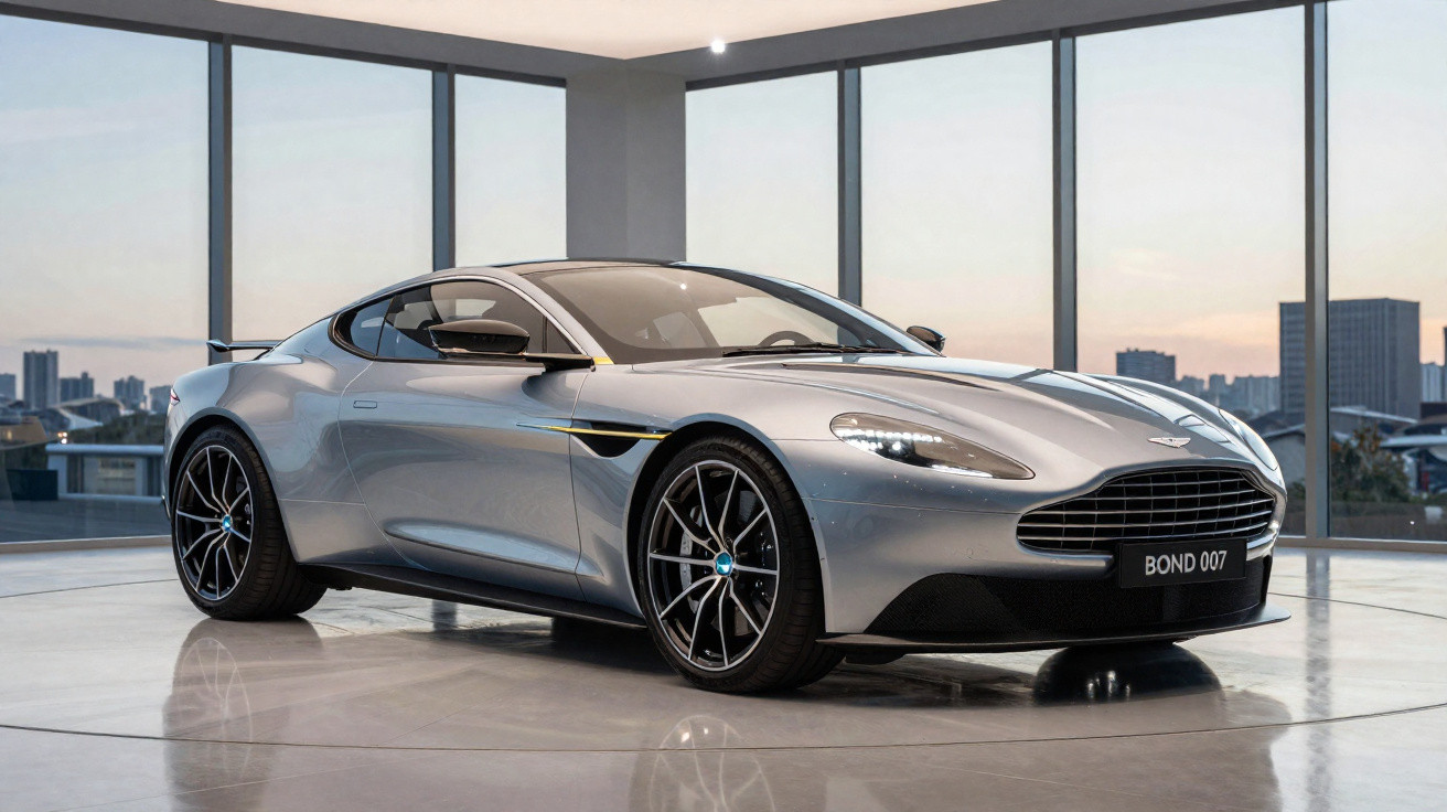 Automóvel desportivo prateado Aston Martin com matrícula BOND 007 em espaço interior com janelas panorâmicas.