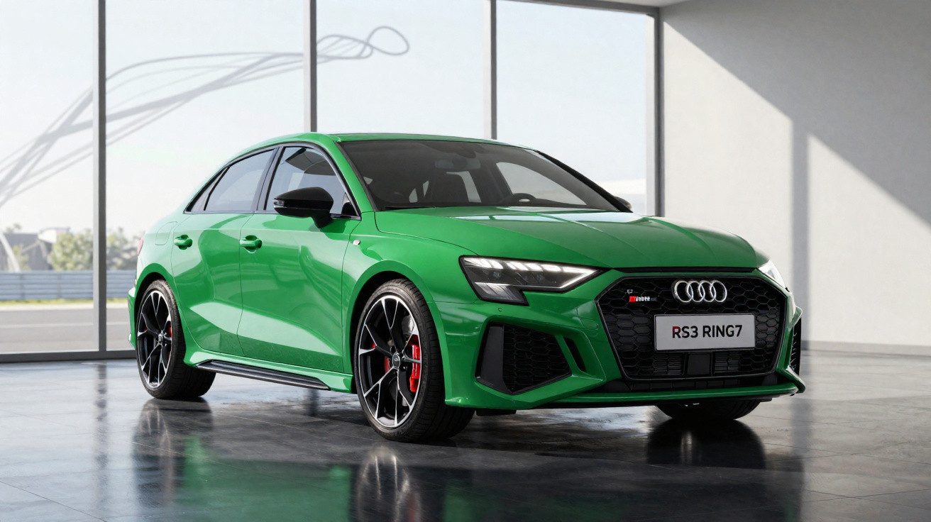 Audi RS3 verde estacionado num espaço interior com grandes janelas e chão refletor.