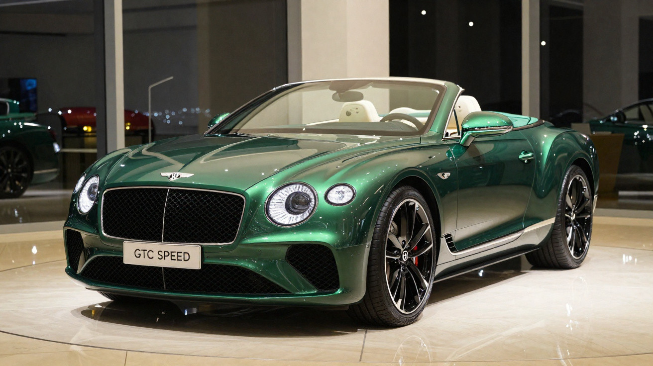Carro descapotável Bentley GTC Speed verde brilhante em exibição num showroom moderno.
