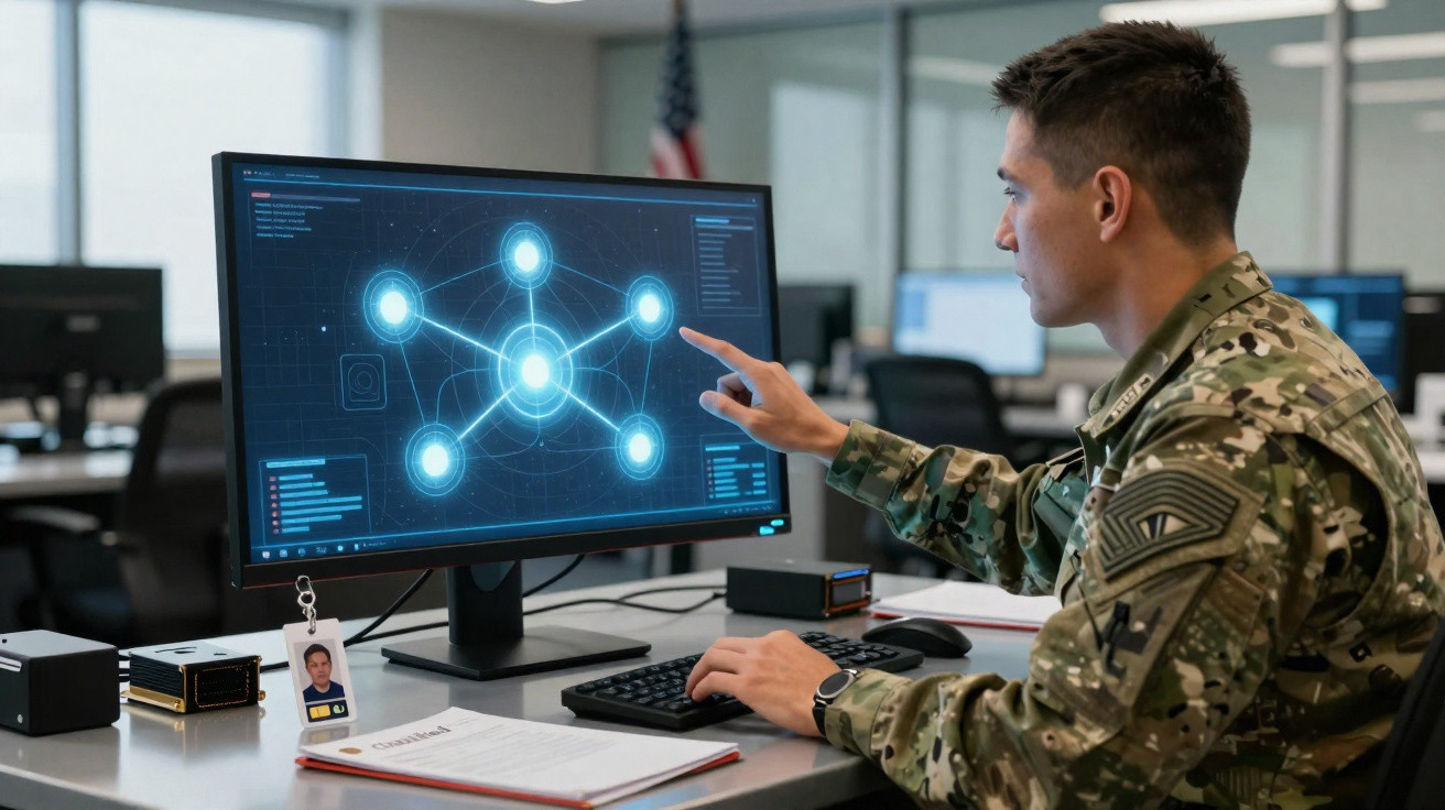 Militar em uniforme a interagir com visualização digital de rede num monitor num escritório moderno.