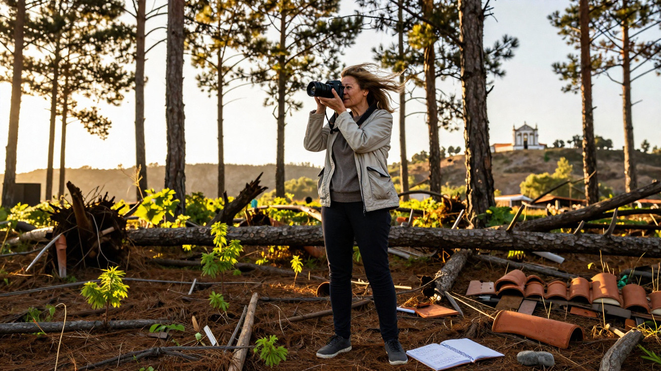 Mulher a tirar fotografias numa área florestal com árvores caídas e caderno aberto no chão.