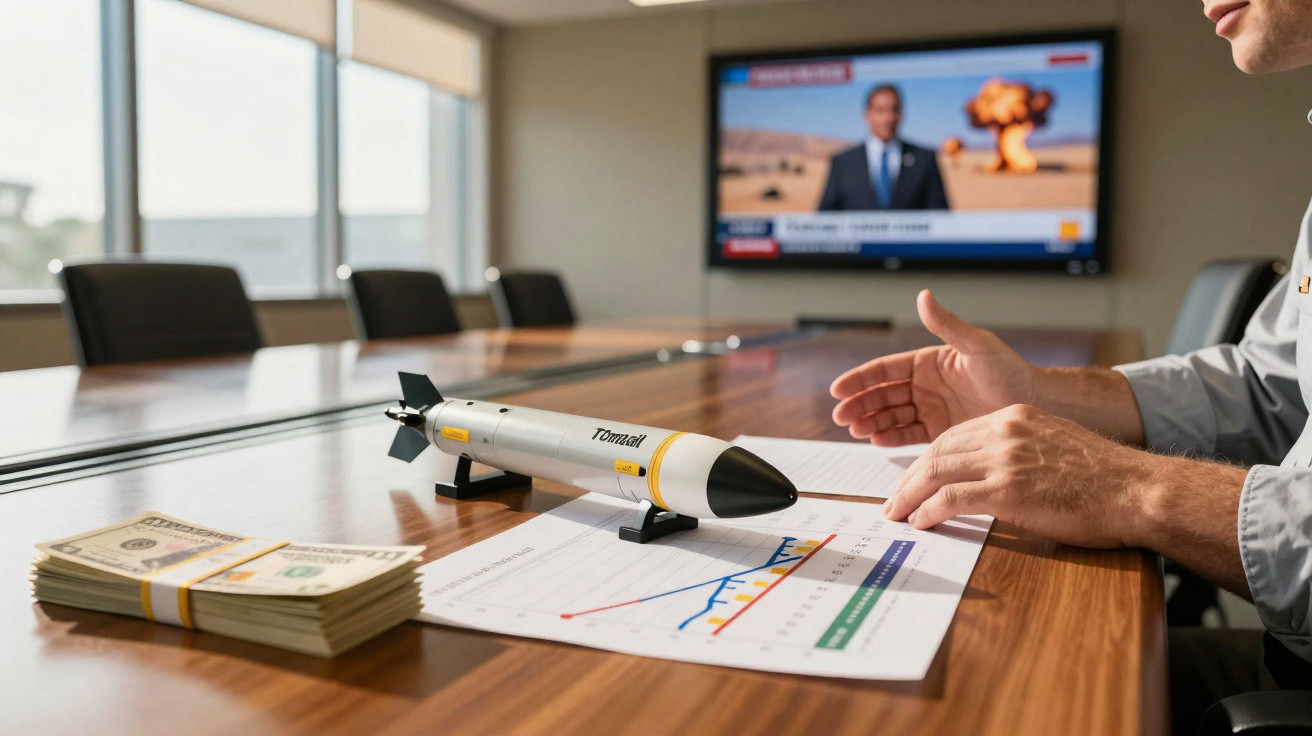 Mesa de reunião com notas, maquete de míssil, gráficos e pessoa gesticulando, e ecrã de notícias ao fundo.