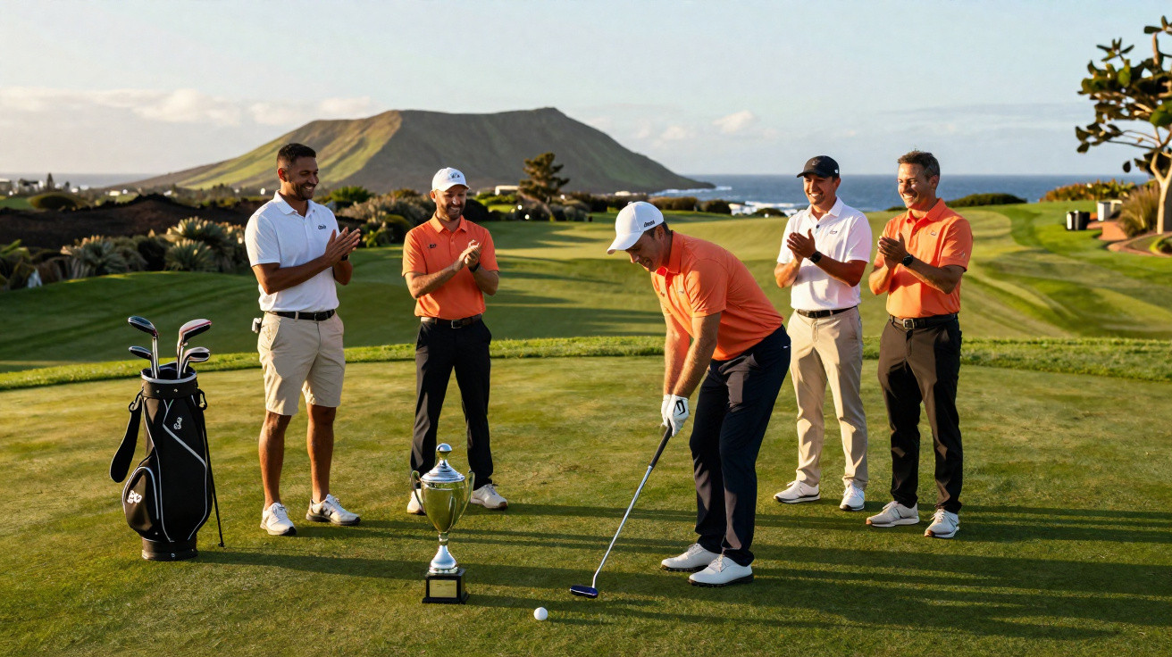 Cinco golfistas num campo verde, um prepara-se para colocar a bola perto do troféu enquanto os outros aplaudem.