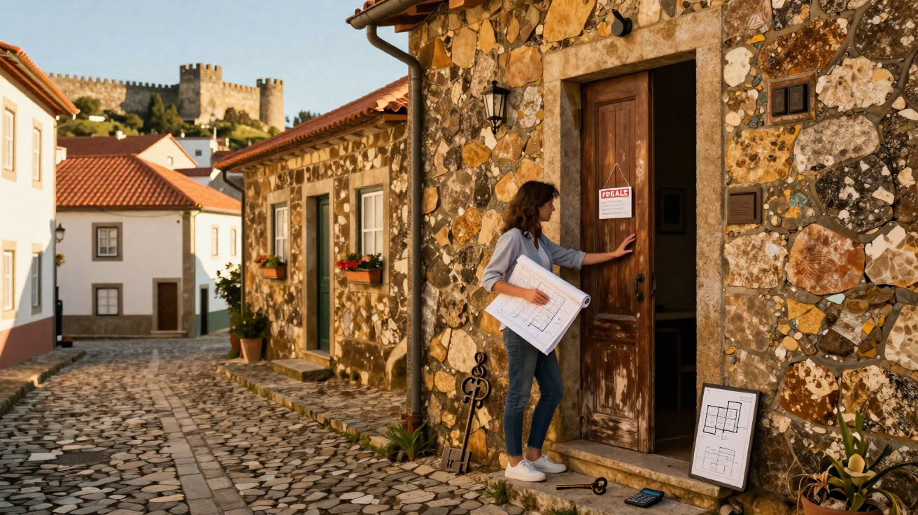 Mulher com planta de casa bate à porta de casa em pedra para venda com castelo ao fundo.