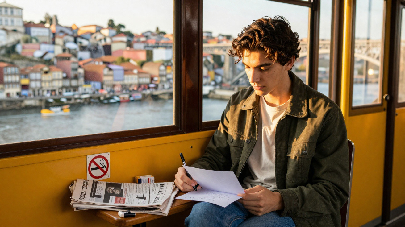 Jovem sentado num transporte amarelo a escrever num caderno com vista para o rio e prédios ao fundo.