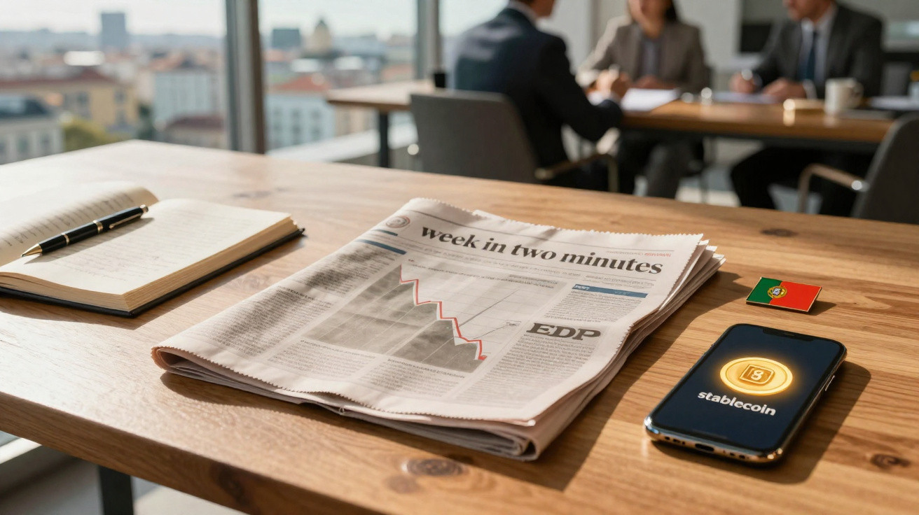 Mesa de escritório com jornal, bloco de notas, telemóvel com criptomoeda e três pessoas em reunião ao fundo.