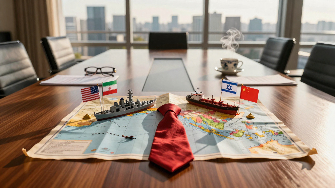 Mapa mundi com miniaturas de navios de guerra, bandeiras e uma gravata vermelha numa mesa de reunião.