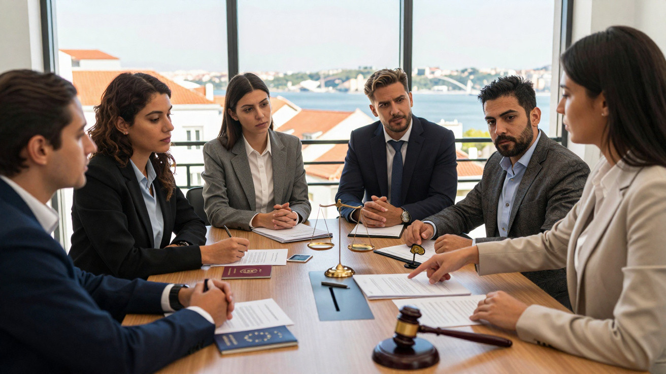 Grupo de seis profissionais em reunião formal de negócios com documentos e símbolos jurídicos numa sala iluminada.
