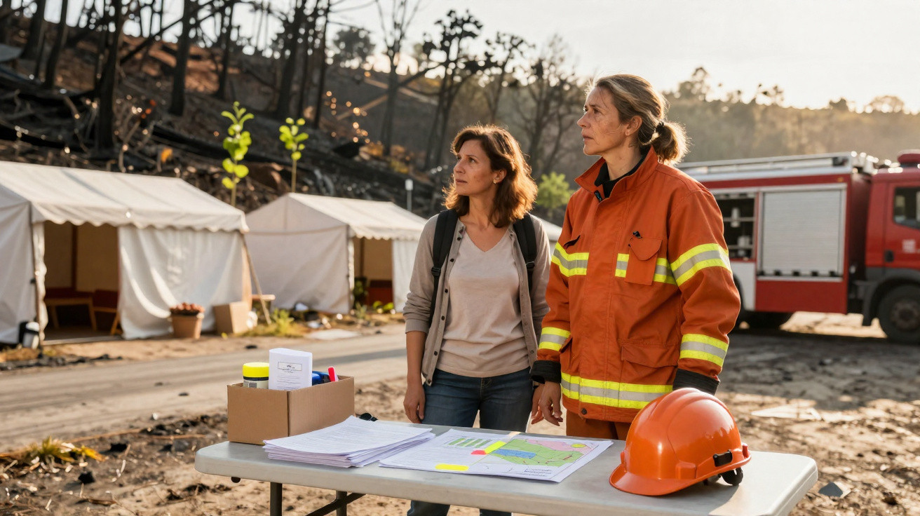 Duas mulheres numa área de desastre, junto a tenda, mesa com documentos e capacete, bombeiros e vegetação queimada.