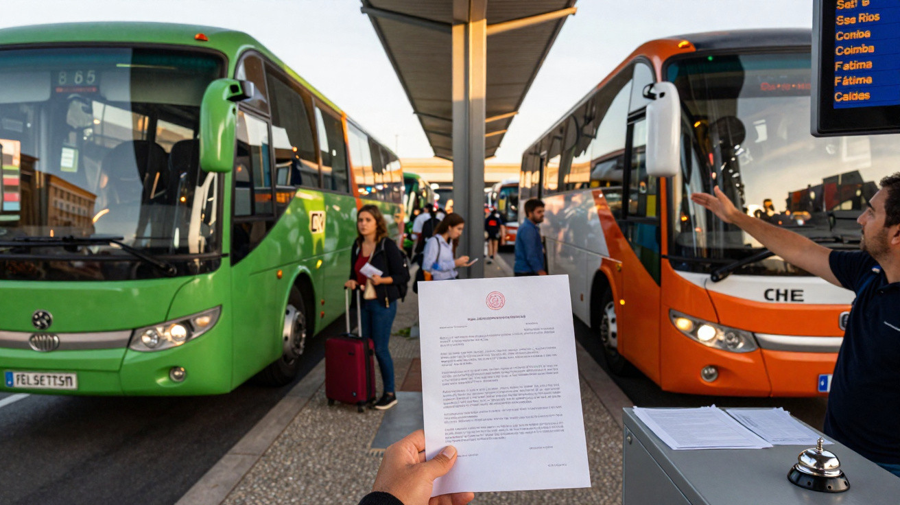 Estação de autocarros com passageiros a aguardar e dois autocarros estacionados numa plataforma.