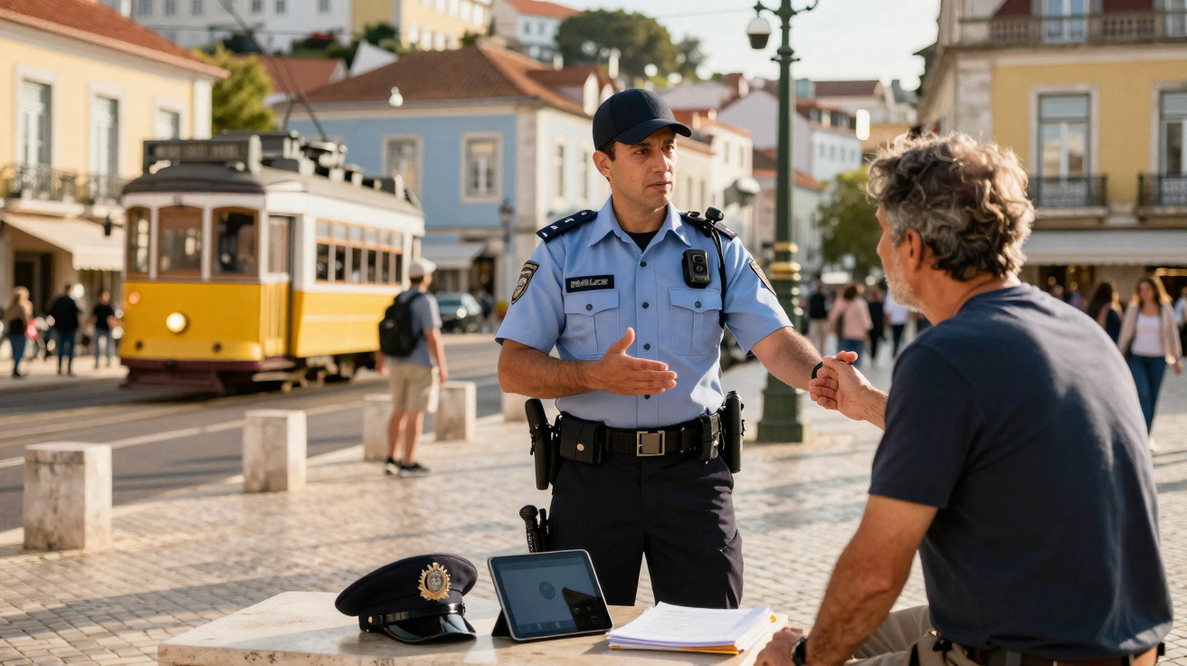 Polícia municipal conversa com homem sentado numa praça em Lisboa, com elétrico amarelo ao fundo.