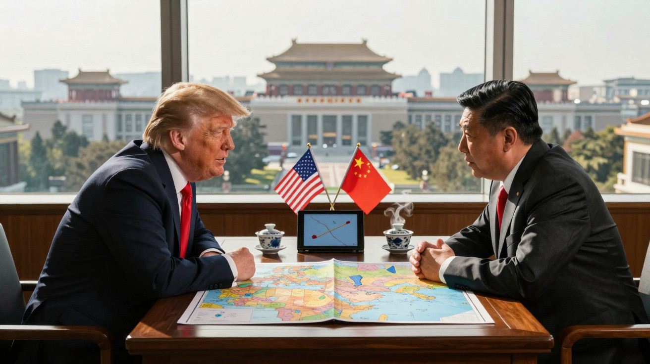 Dois homens em fato sentados à mesa com mapa, bandeiras dos EUA e China e edifício tradicional ao fundo.