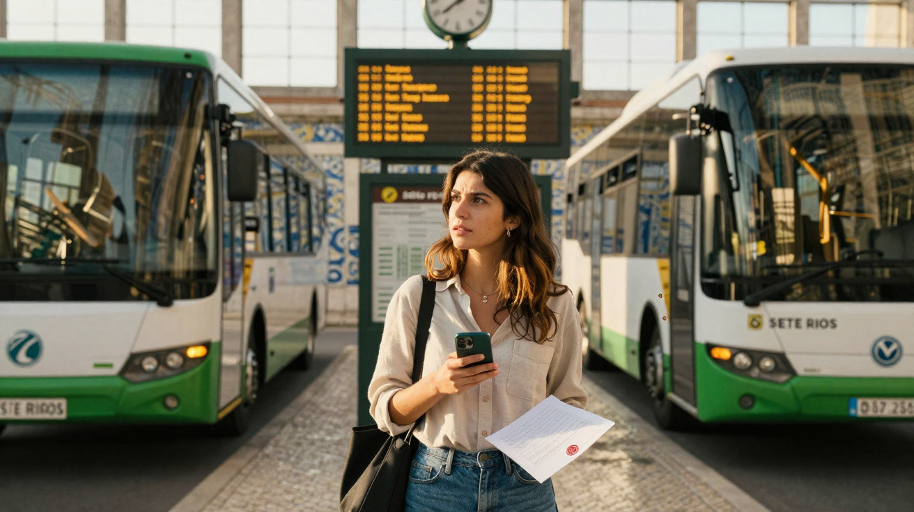 Mulher com smartphone e papel na mão espera entre dois autocarros verdes numa estação de Sete Rios, Lisboa.