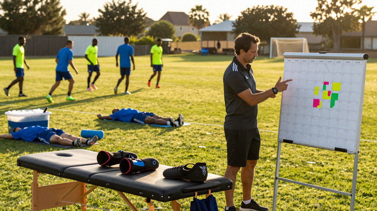 Treinador explica plano de jogo a jogadores de futebol durante treino ao ar livre ao pôr do sol.