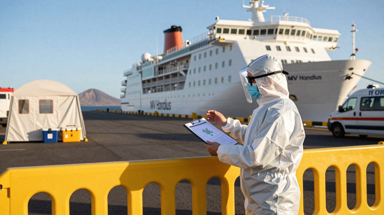 Profissional com equipamento de proteção verifica lista junto a um navio atracado num porto.