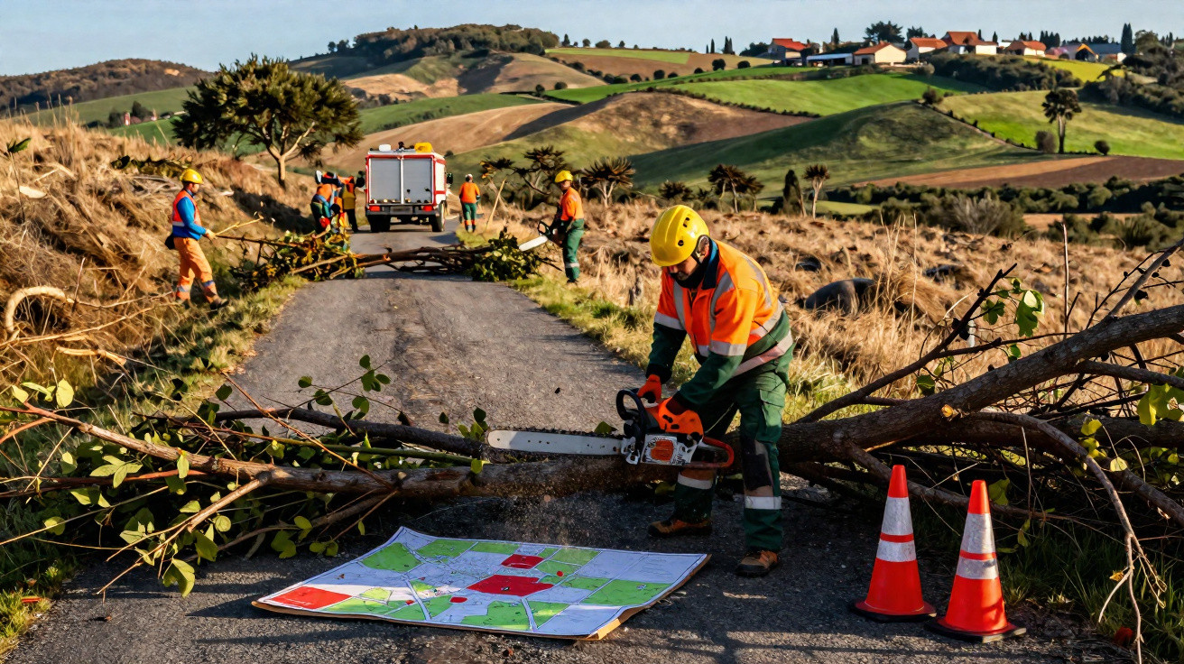 Trabalhadores a cortar árvore caída numa estrada rural com cenário de colinas ao fundo durante o dia.