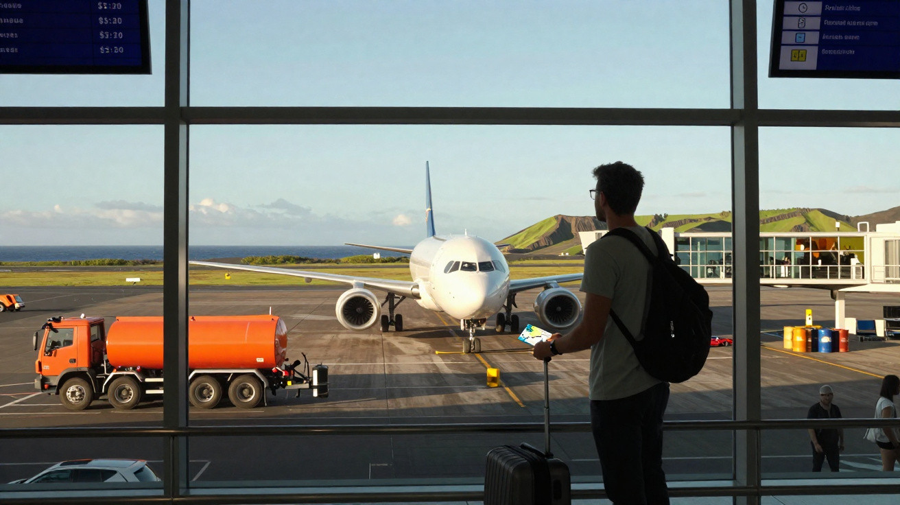 Passageiro com mala observa avião estacionado na pista através da janela do aeroporto ao pôr do sol.