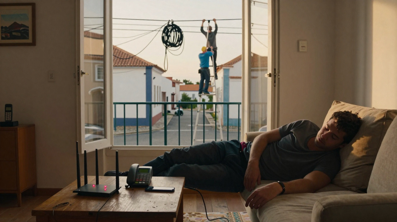 Homem a dormir no sofá numa sala com vista para duas pessoas a trabalhar em cabos elétricos na rua.