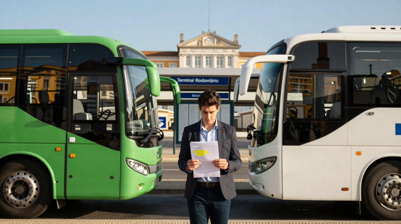 Homem a ler documento entre autocarros verde e branco numa estação rodoviária ao ar livre.
