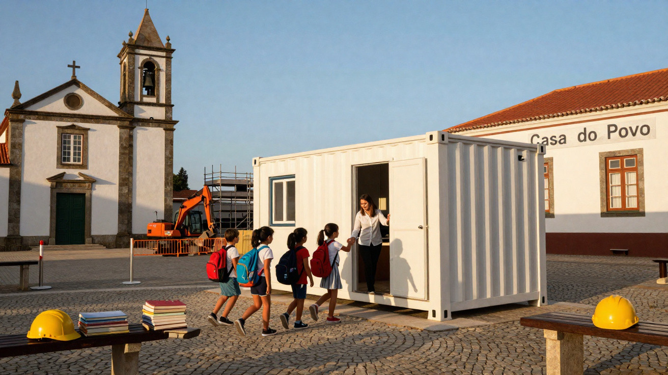 Crianças com mochilas entram em contentor branco com professora, em praça com igreja e edifício Casa do Povo.