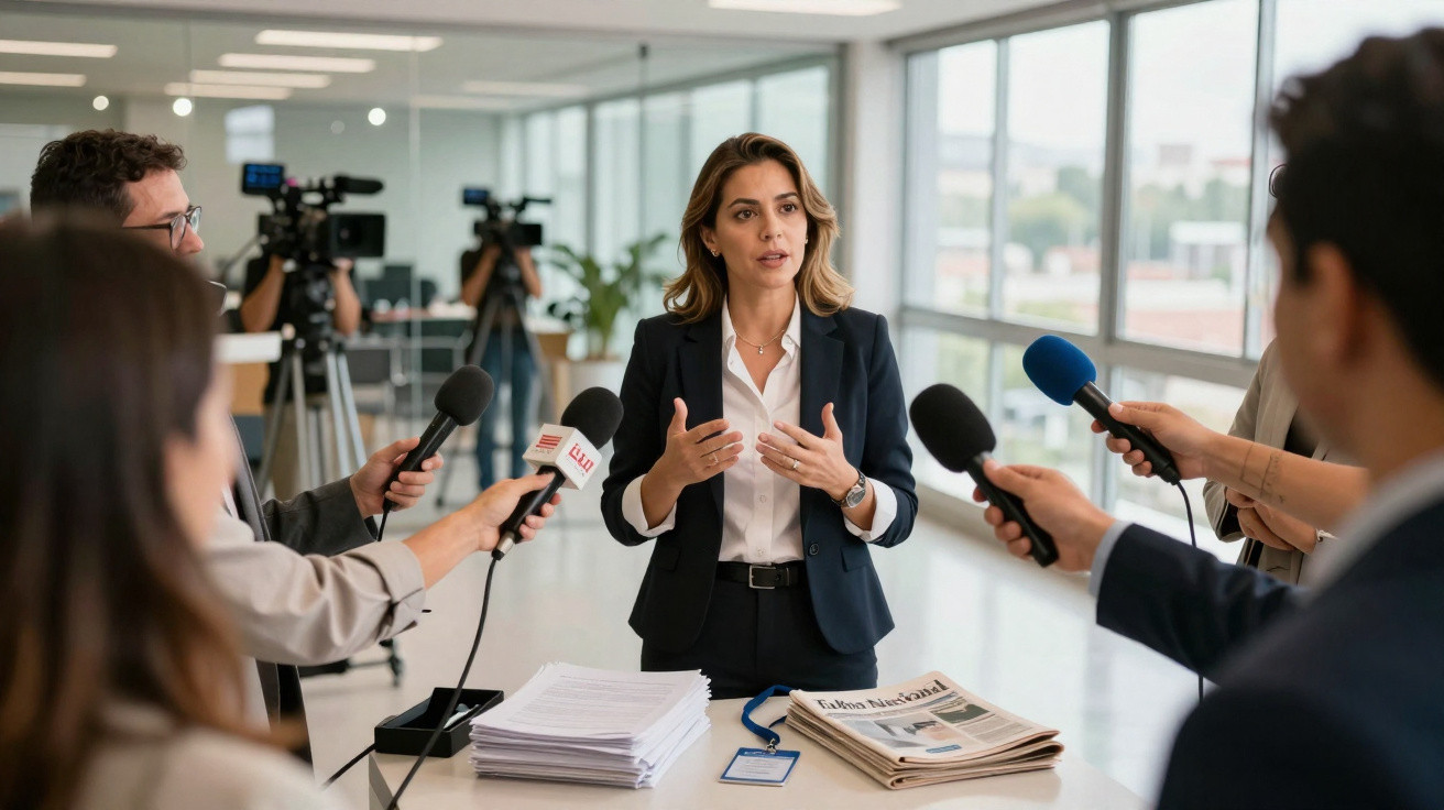 Mulher a falar para jornalistas com microfones numa conferência de imprensa num escritório moderno.