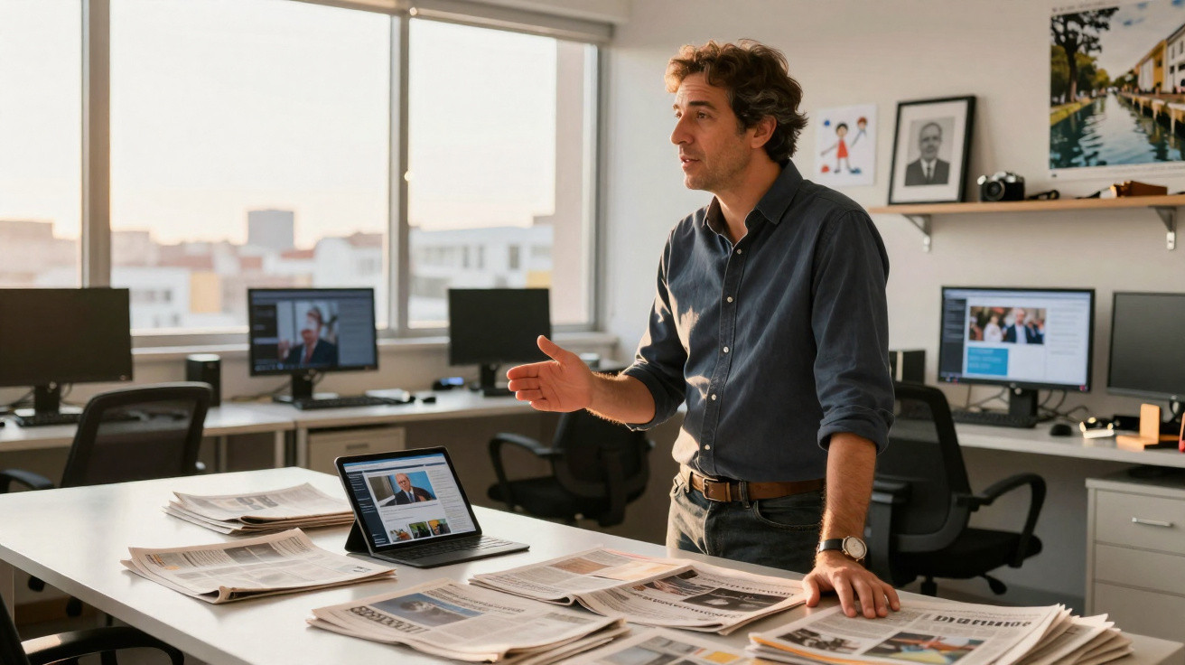 Homem em escritório moderno com várias folhas de jornal espalhadas sobre a mesa, explicando algo.