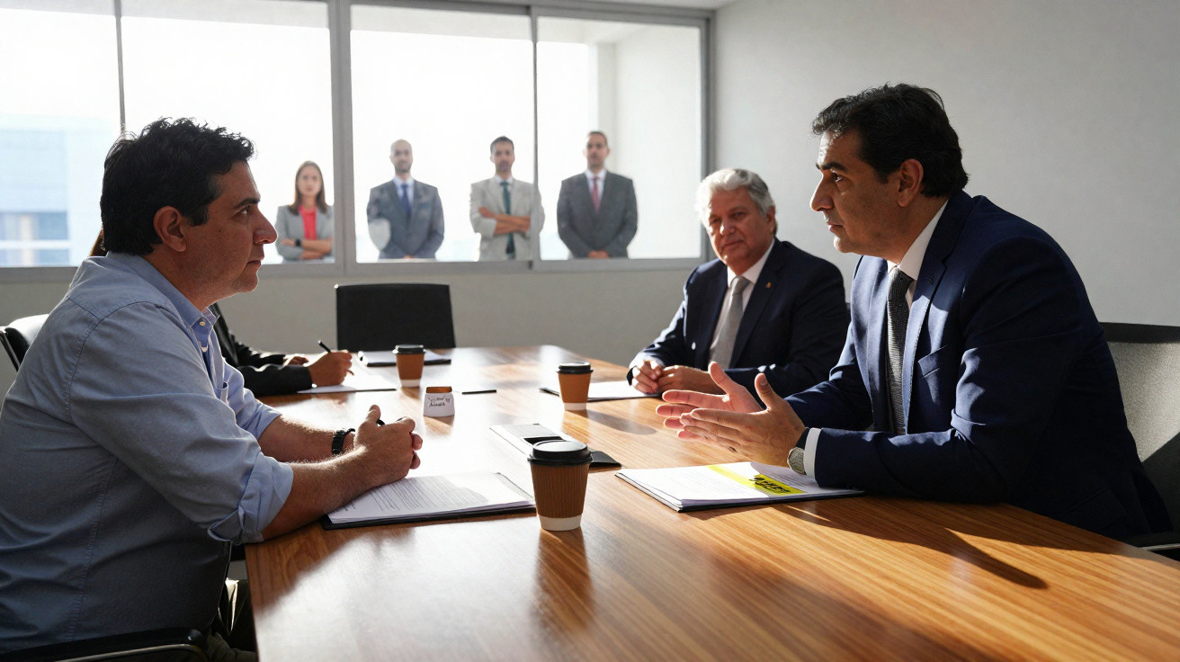 Dois homens sentados frente a frente numa reunião de escritório, com três pessoas observando ao fundo.