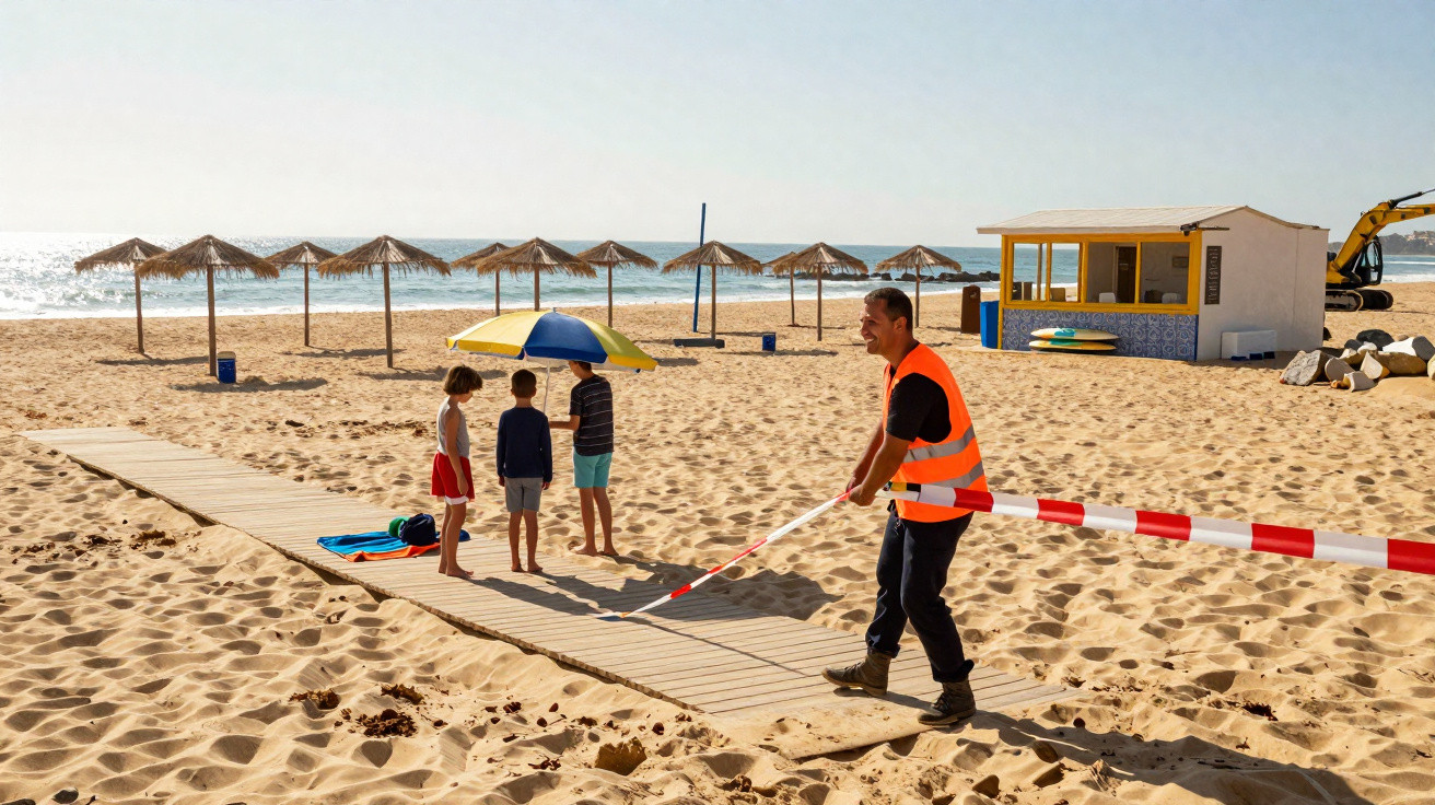 Homem com colete laranja a controlar acesso numa praia com três crianças e chapéus de palha ao fundo.