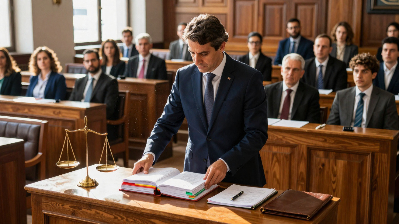Homem em fato a apresentar argumento com balança da justiça na mesa, tribunal com audiência ao fundo.