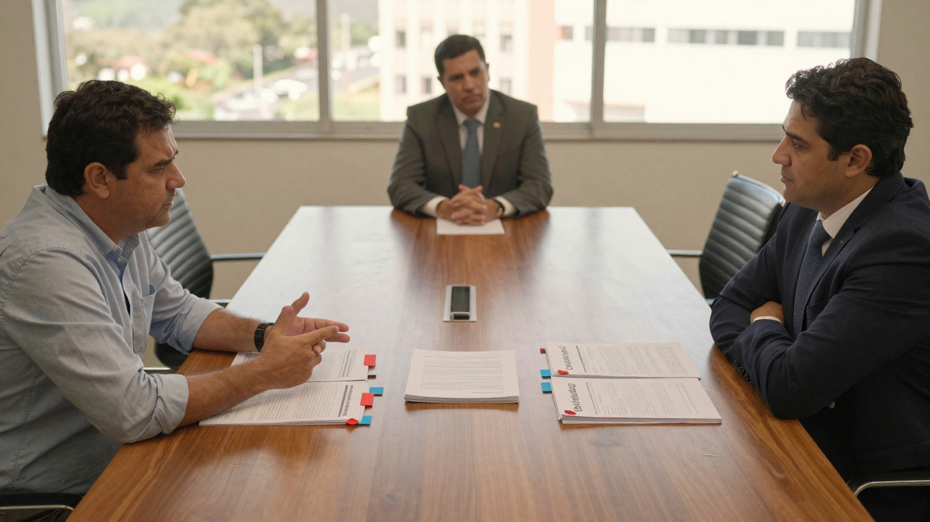 Três homens numa reunião formal à volta de uma mesa de madeira com documentos e canetas.