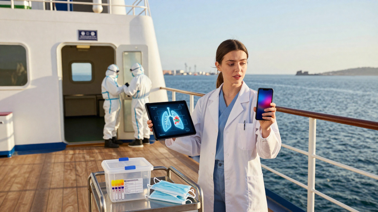 Médica numa embarcação com tablet a mostrar imagem dos pulmões e telemóvel, enquanto técnicos com fato de proteção preparam s