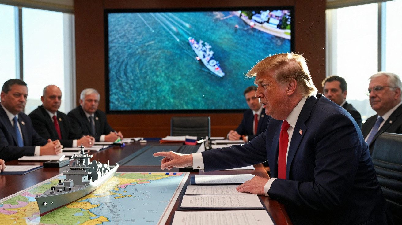 Homem de fato aponta para modelo de navio numa mesa com mapa, outros homens observam em sala de reunião.