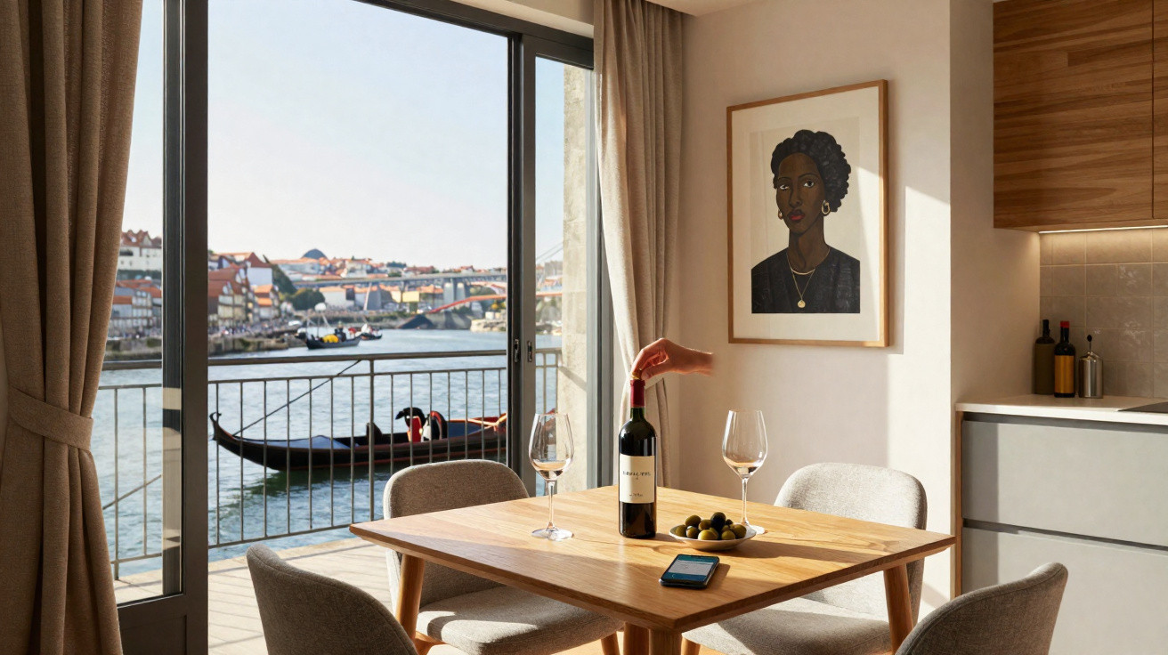 Sala de jantar com mesa de madeira, garrafa de vinho, copos, e vista para o rio com barco e cidade ao fundo.