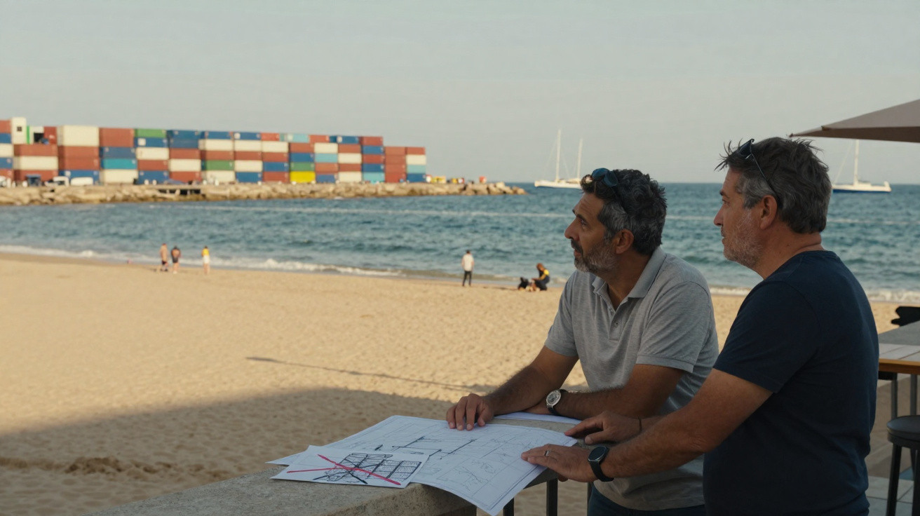 Dois homens analisam plantas na praia com contentores e veleiros ao fundo perto do mar.