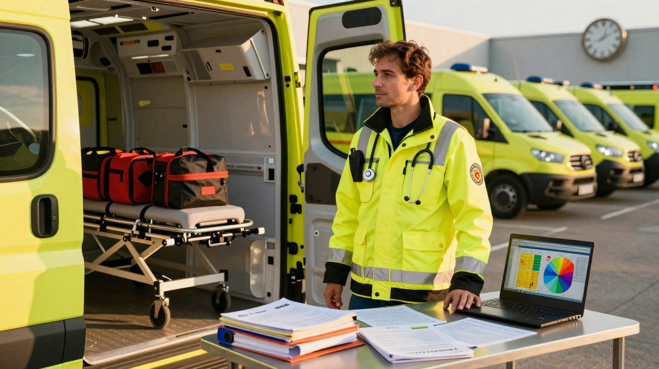 Profissional de saúde em colete amarelo junto a ambulância aberta e mesa com documentos e computador portátil.