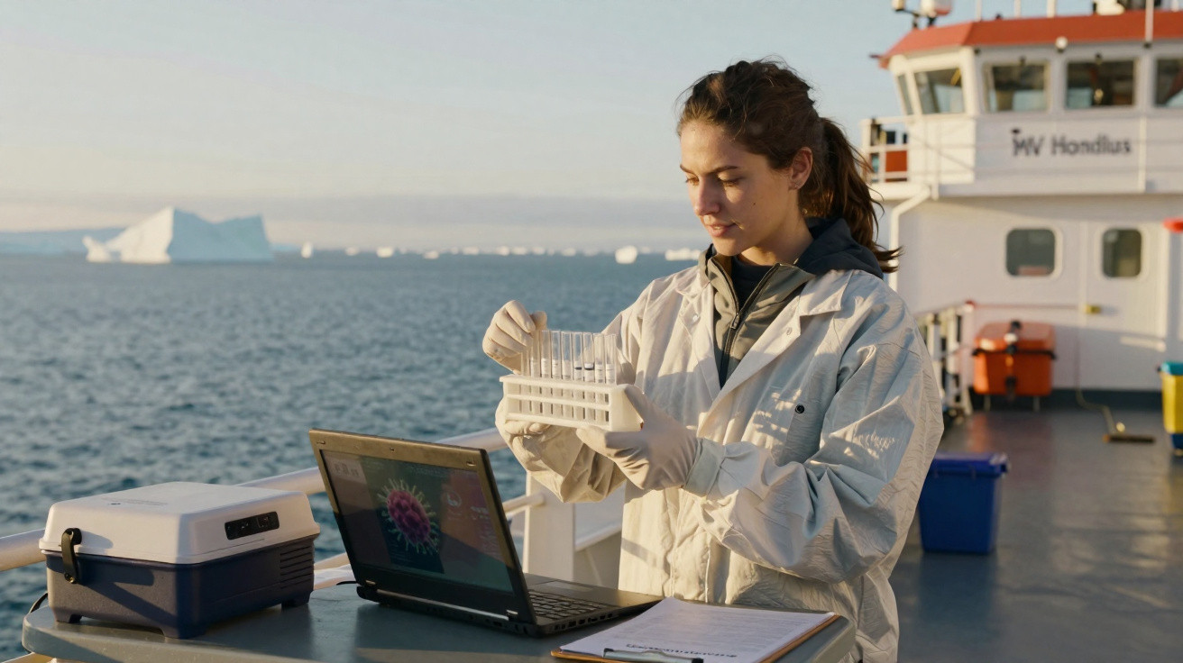 Cientista com bata branca analisa amostras em tubo de ensaio num barco, com icebergues ao fundo.