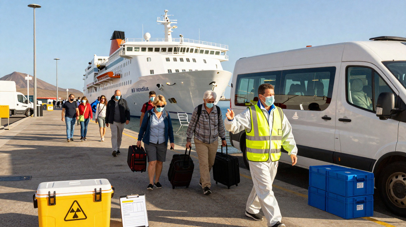 Passageiros com máscaras caminham pelo cais junto a navio e veículos num porto ensolarado.