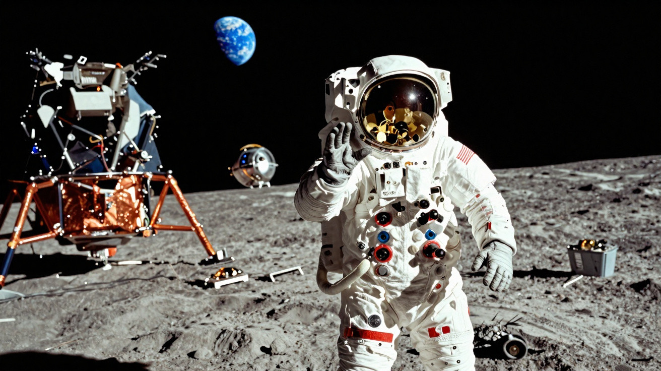 Astronauta em fato espacial na superfície da Lua com módulo lunar e Terra ao fundo.