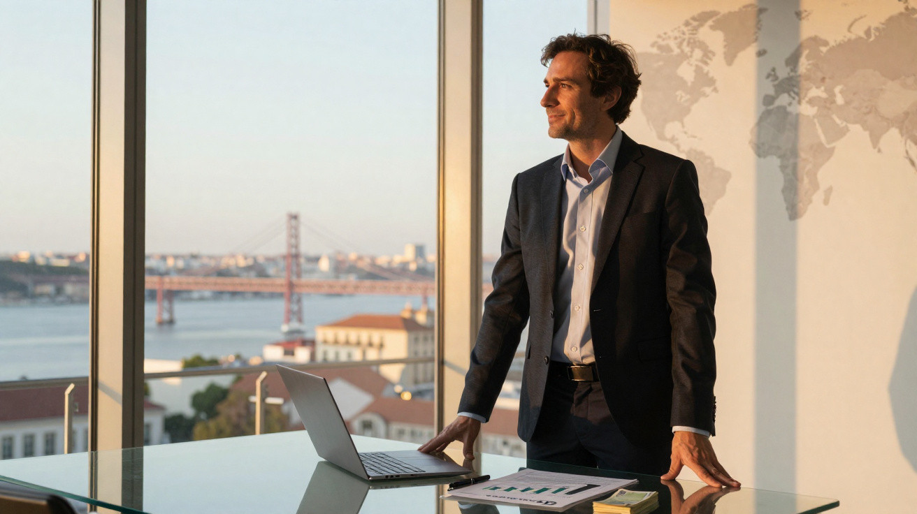 Homem de fato em escritório com laptop, gráficos e vista de ponte e rio ao pôr do sol.