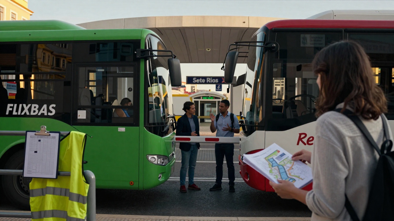 Pessoas à espera entre dois autocarros em terminal, senhora consulta mapa, sinal de paragem Sete Rios ao fundo.