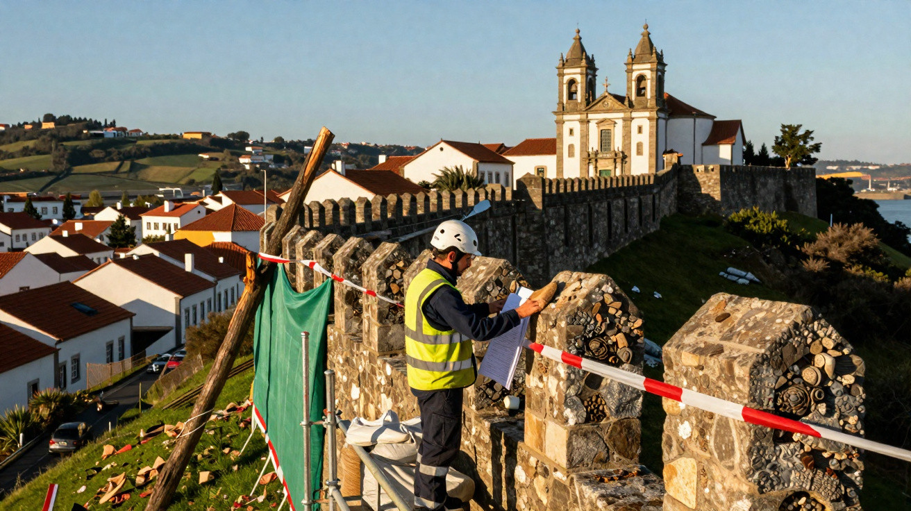 Técnico de segurança com colete e capacete a inspecionar muralha histórica em cidade com igreja ao fundo.