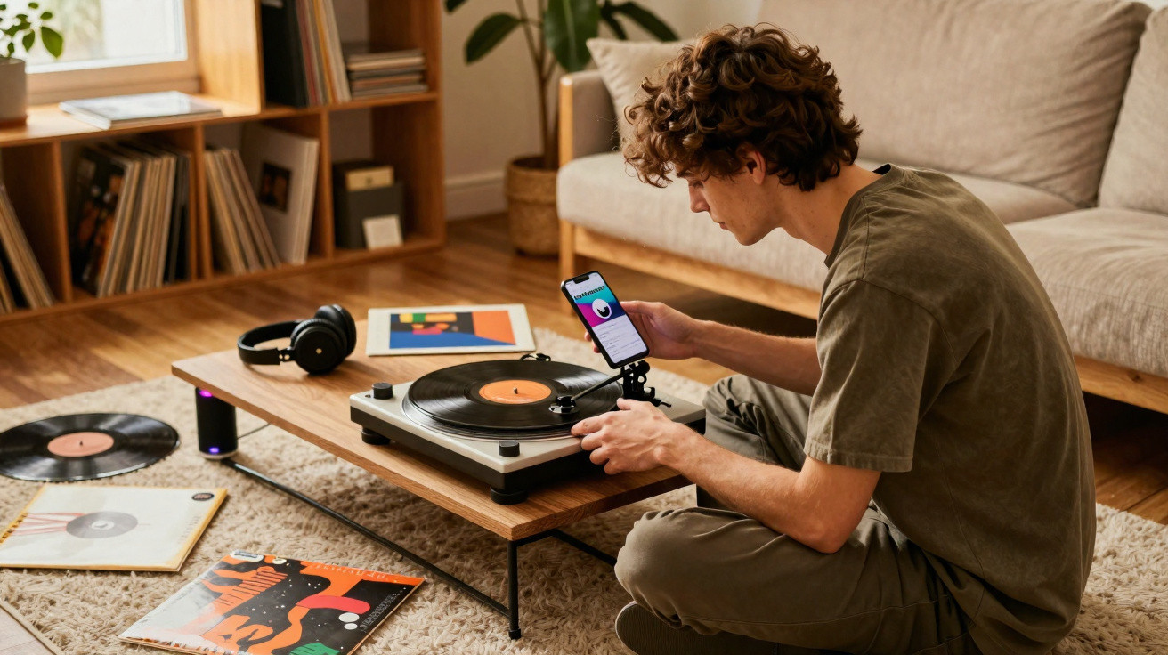Homem sentado no chão a ouvir vinil numa gira-discos enquanto consulta o telemóvel numa sala confortável.